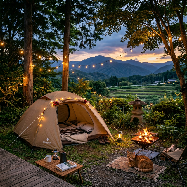 田舎の庭でキャンプする猫