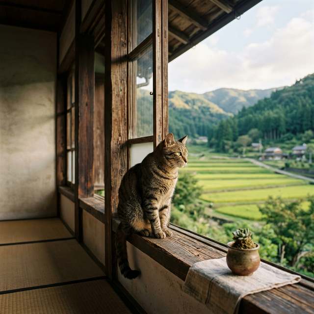 古民家の窓辺から田舎の風景を眺める猫