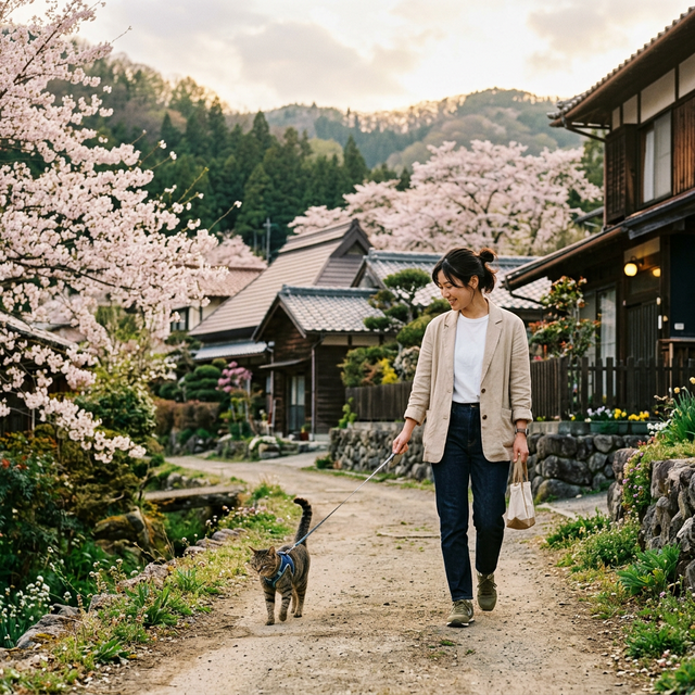 田舎の桜並木を猫と散歩