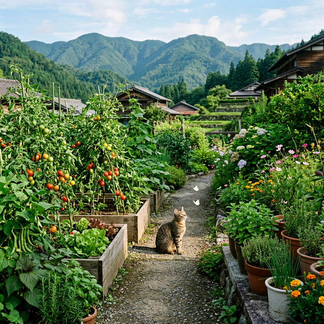 田舎の庭で野菜を育てる様子と猫