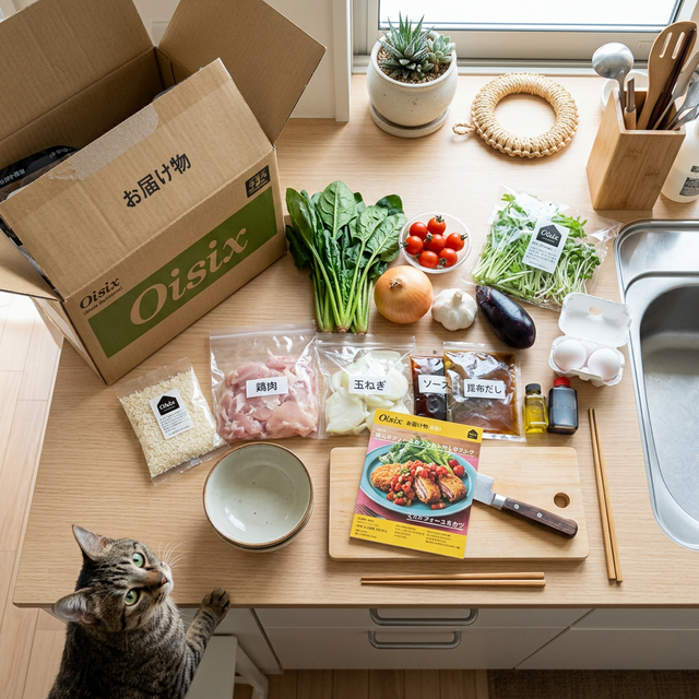 食材宅配の開封と興味津々の猫