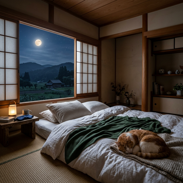 月明かりの田舎の寝室で眠る猫