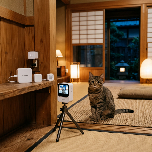 SwitchBotとペットカメラを見つめる猫