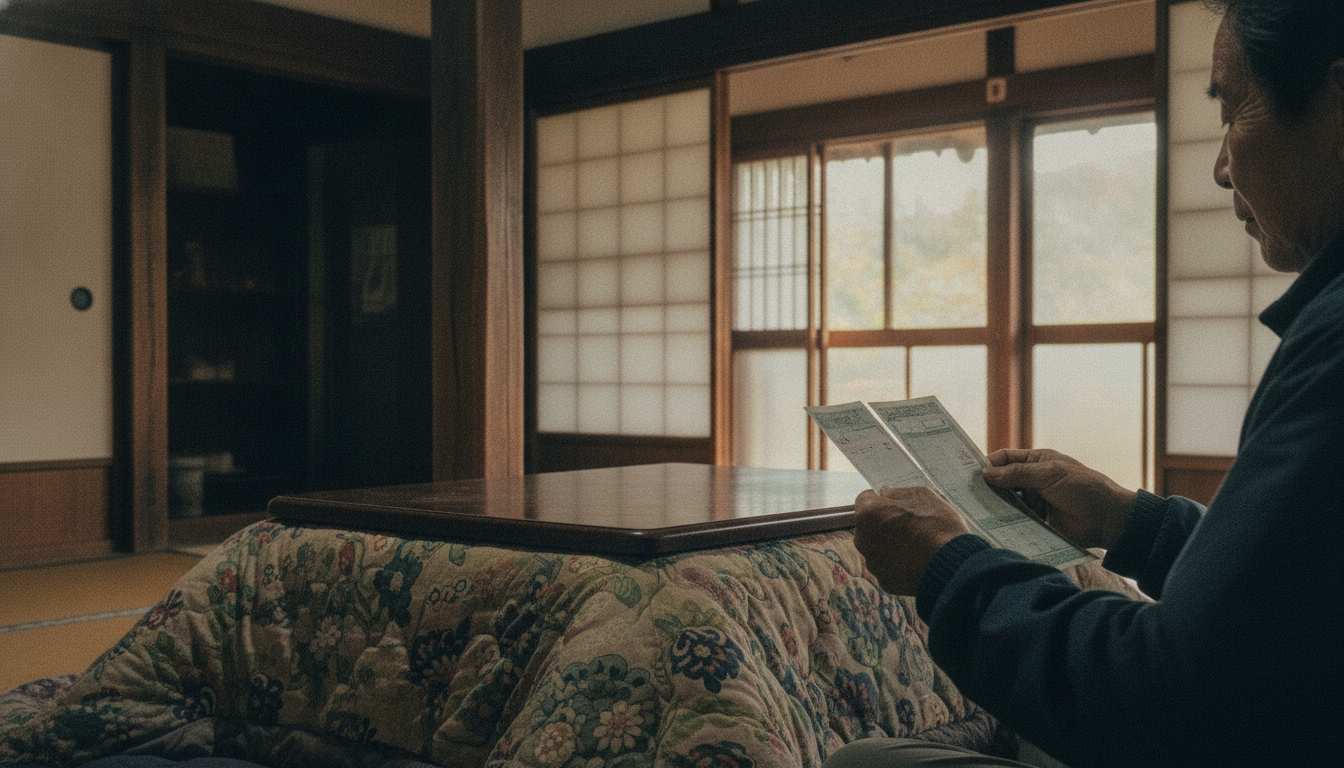 こたつでガス料金の請求書を見比べる様子