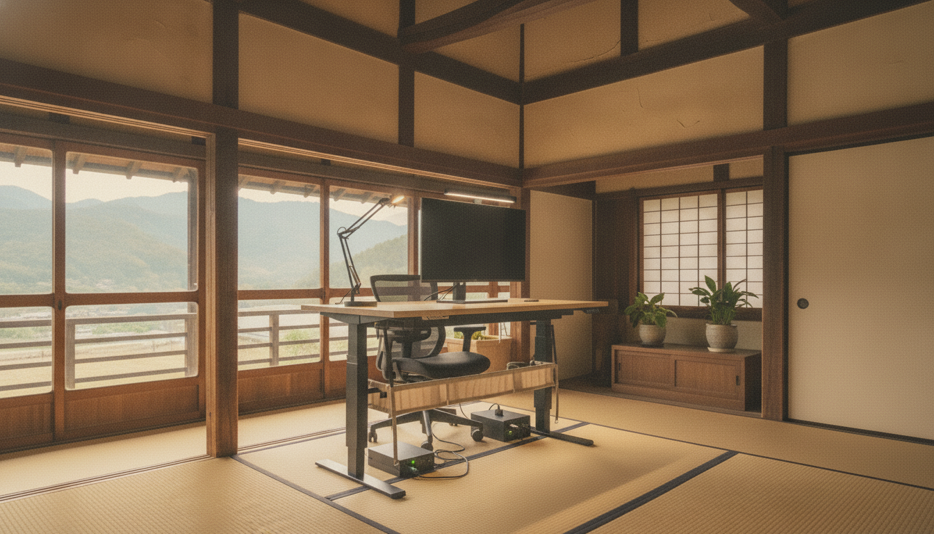 停電時にUPSでPCと照明が点いている様子