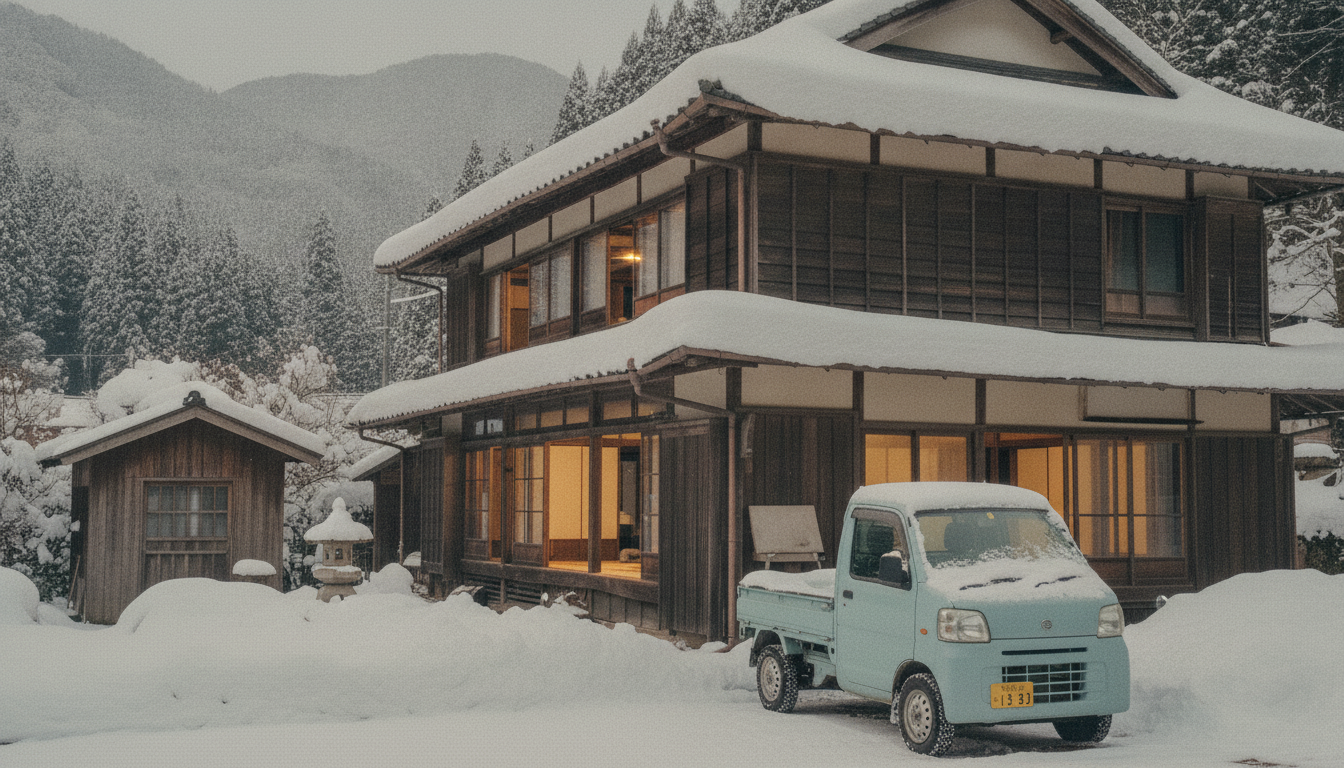 雪化粧の古民家とスタッドレスを履いた軽トラ