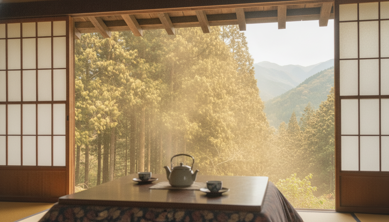 窓の外で花粉を飛ばす杉の木