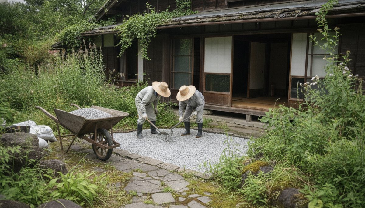 いざ実践!防草砂利を敷く【古民家DIYの全記録】|防草砂利を庭に敷いたら雑草が激減した話【古民家DIYの全記録】