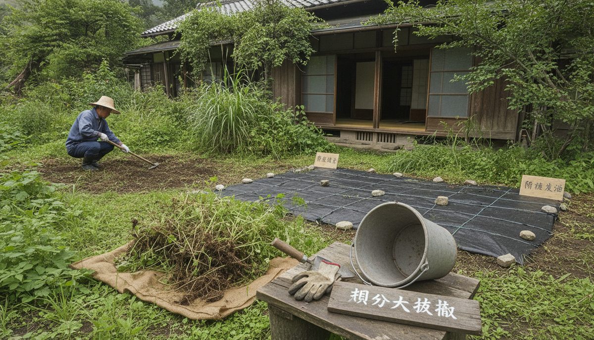 結論から言うと、田舎の雑草は「根こそぎ駆除」と「徹底予防」の合わせ技で撃退できる!|田舎の庭の雑草を完全撃退する5ステップ【ネコソギ・防草シート・砂利の使い分け】