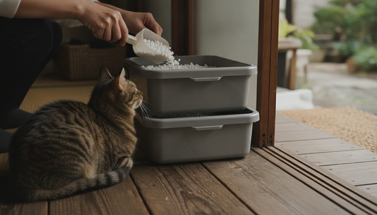 システムトイレの上段に紙の猫砂をスコップで足している手元のアップ。足元にキジトラの猫が寄ってきている｜【2026年】猫の消臭剤で最強はどれ？多頭飼いの尿臭を比較