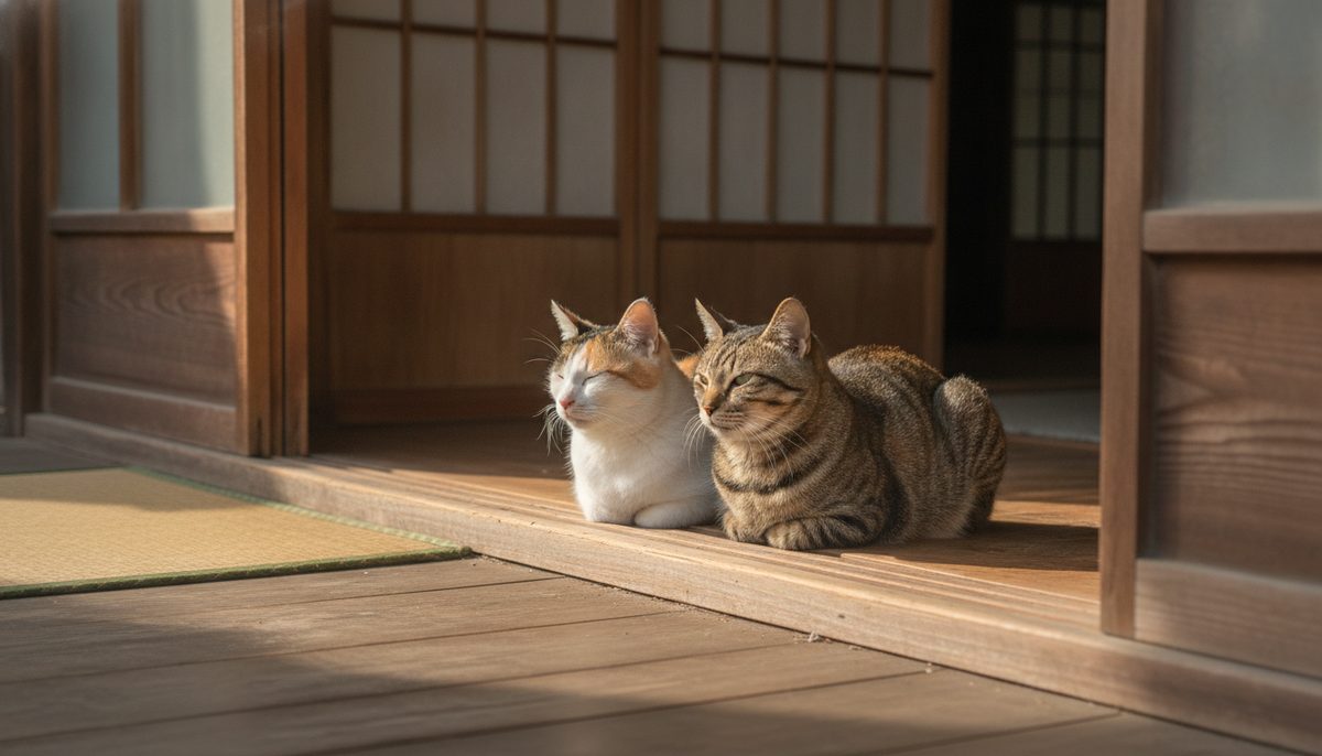 縁側の日だまりで並んで香箱座りをする三毛猫とキジトラ猫。奥に古い木の柱と障子が見える｜【2026年】猫の消臭剤で最強はどれ？多頭飼いの尿臭を比較