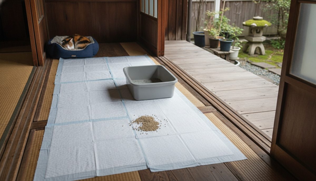 古民家の板の間に置かれた猫トイレと、その周囲に隙間なく敷き詰められた白いペットシーツ。端に猫砂の粒が数個こぼれている｜猫のペットシーツはコスパで選ぶ【2026年】月の枚数で比較