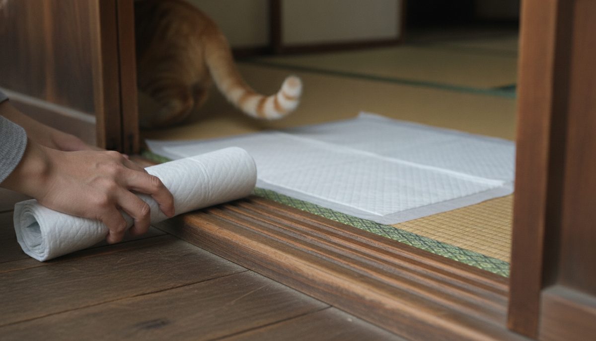 使い終わったペットシーツを丸めて片手で持ち、もう片方の手で新しい一枚を敷いている手元のアップ。奥に猫のしっぽが見切れている｜猫のペットシーツはコスパで選ぶ【2026年】月の枚数で比較