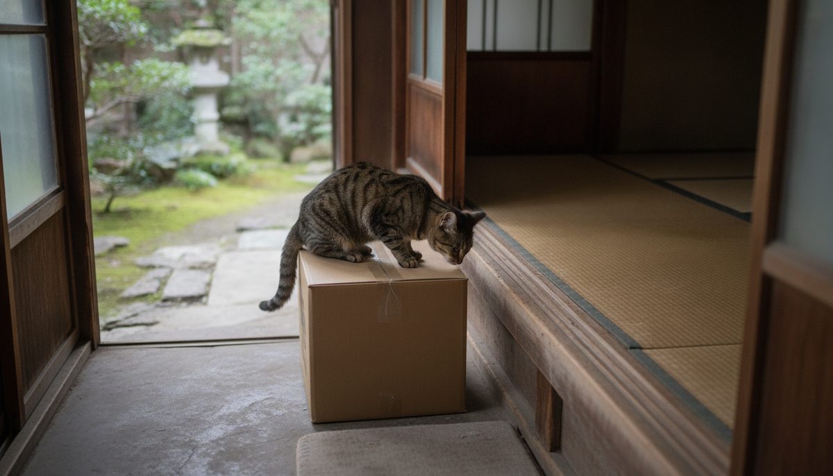 玄関の三和土に置かれたペットシーツの大きな段ボール箱と、その上に乗って興味深そうに箱の縁を嗅ぐキジトラ猫｜猫のペットシーツはコスパで選ぶ【2026年】月の枚数で比較