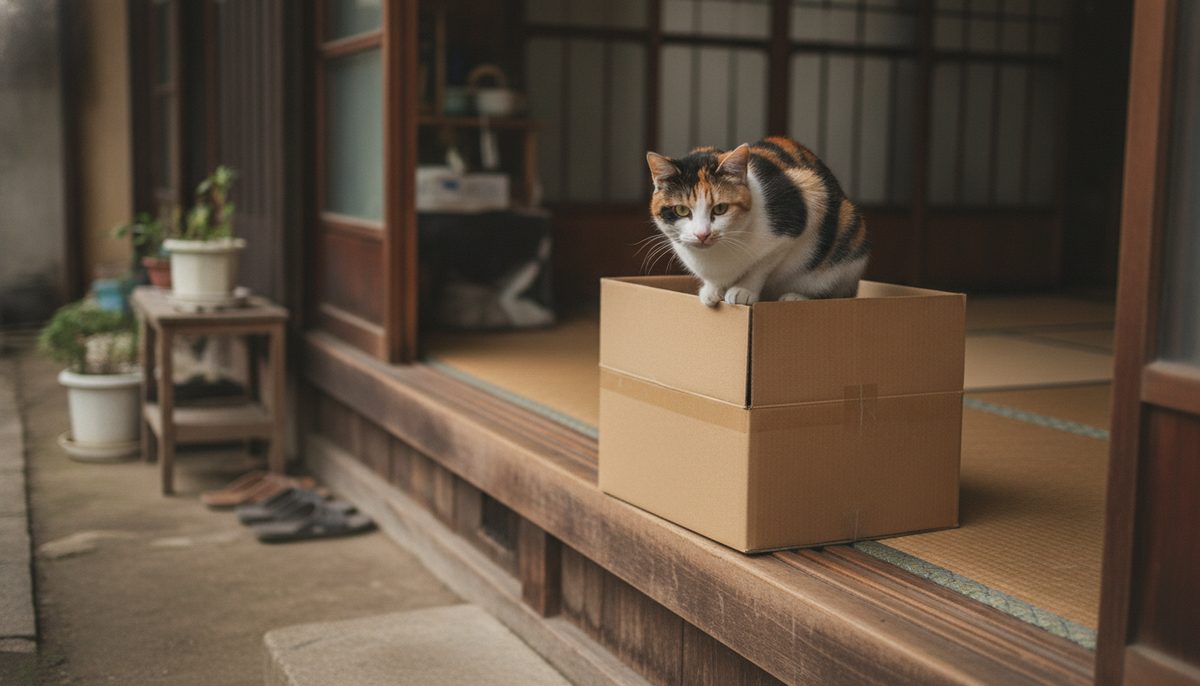 古民家の土間の玄関に届いたばかりの猫砂の大きな段ボール箱が置かれ、三毛猫がその上に乗って見下ろしている|アイリスオーヤマ紙の猫砂KMN-70Nレビュー|おからと比較