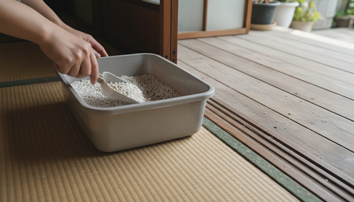 畳の部屋の隅に置かれた猫トイレで、白い紙ペレットの猫砂をスコップですくって掃除している手元のクローズアップ|アイリスオーヤマ紙の猫砂KMN-70Nレビュー|おからと比較