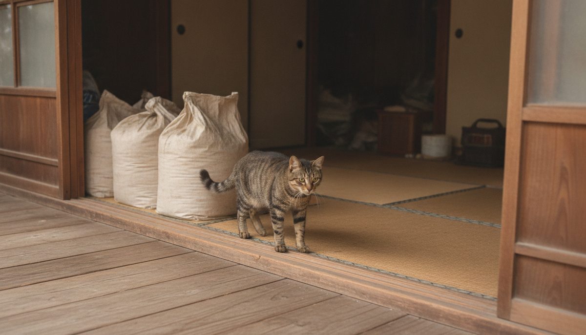 古民家の納戸に猫砂の袋を数袋積み上げてストックしてある様子と、その脇を歩いていくキジトラ猫|アイリスオーヤマ紙の猫砂KMN-70Nレビュー|おからと比較