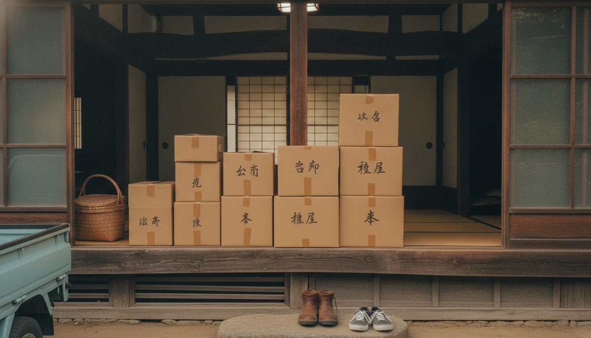 移住の日、古民家の土間の玄関に積まれた引越しの段ボール