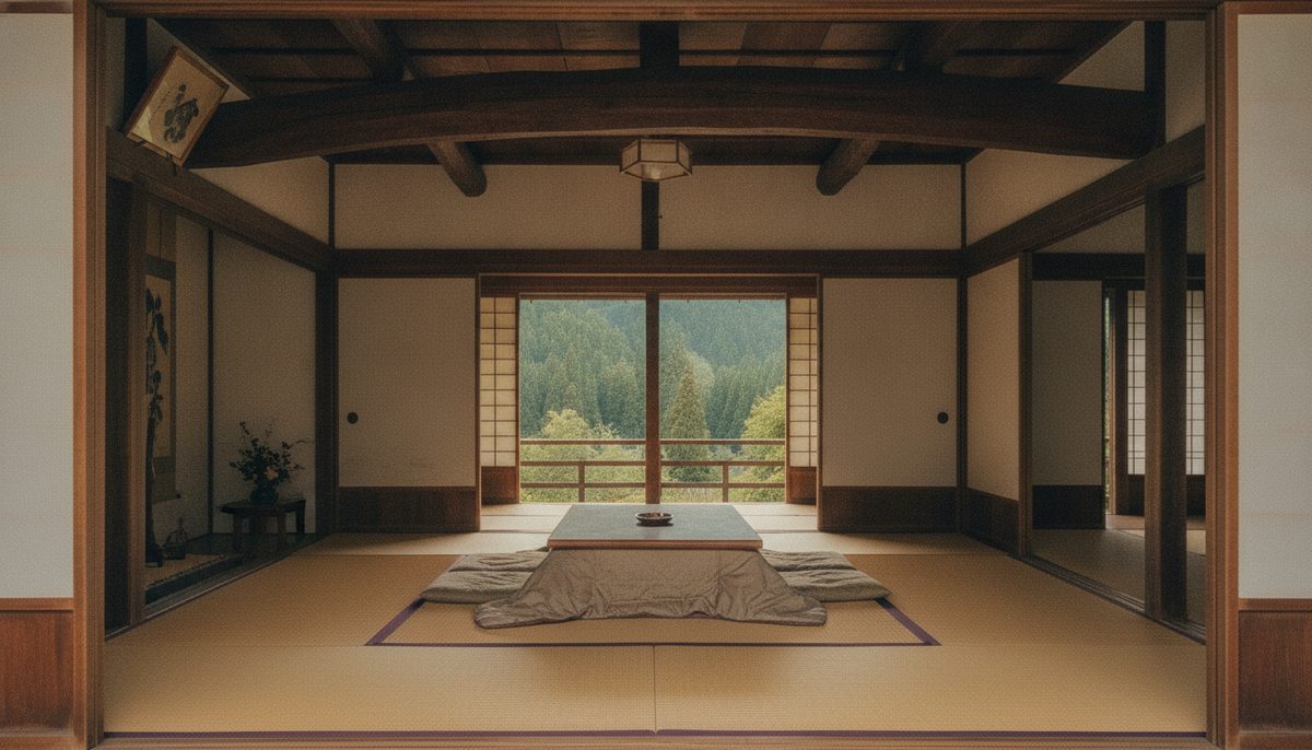 緑の山を背にした古民家の外観