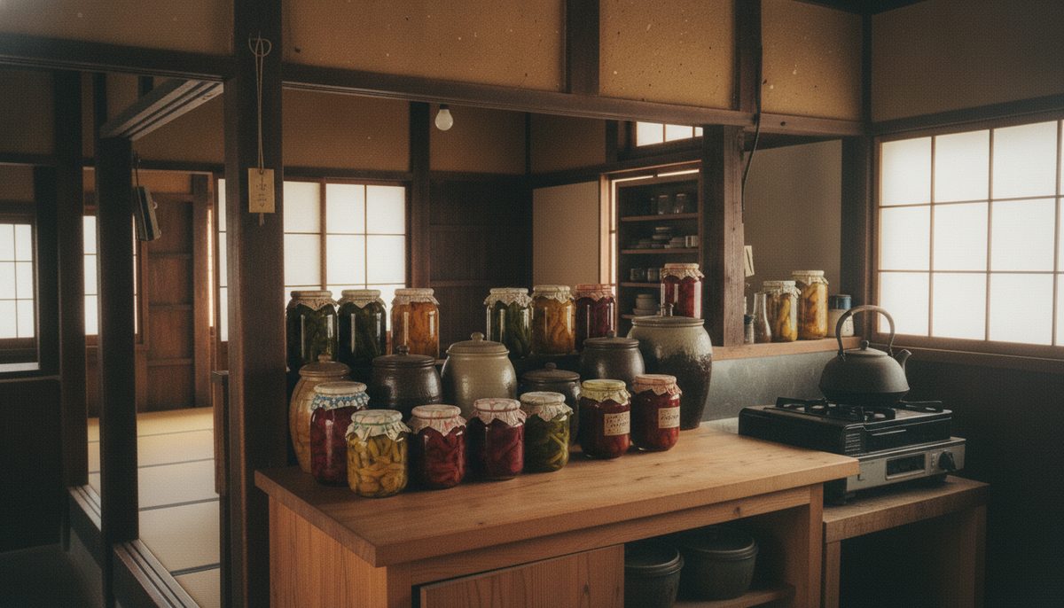 古民家の台所に並ぶ自家製の保存食と漬物の瓶