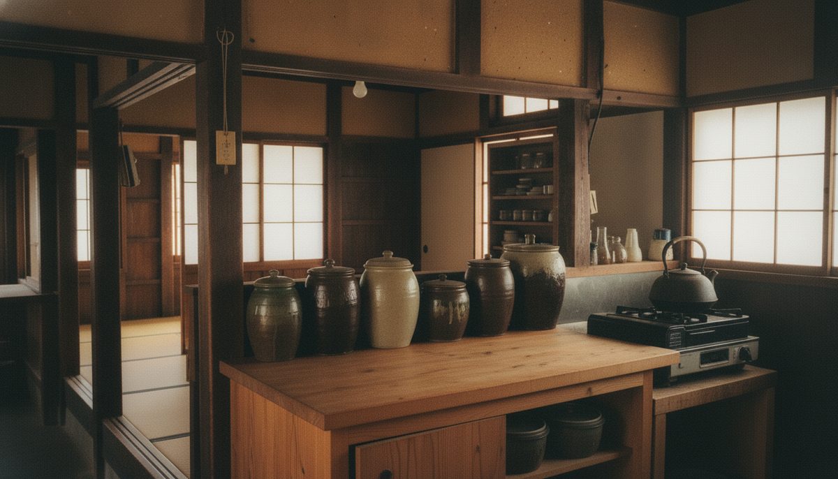 陶器の甕に仕込んだ味噌と発酵食品