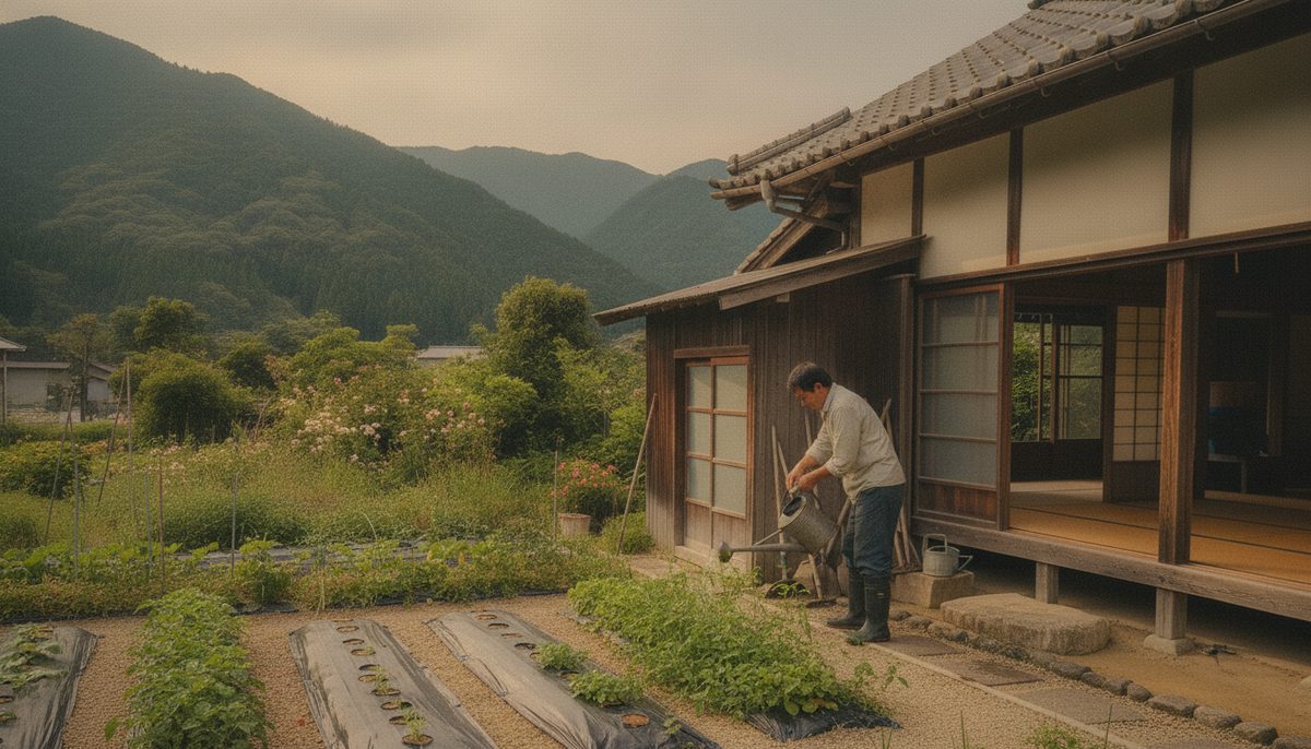 じょうろで液体除草剤を雑草にまく様子