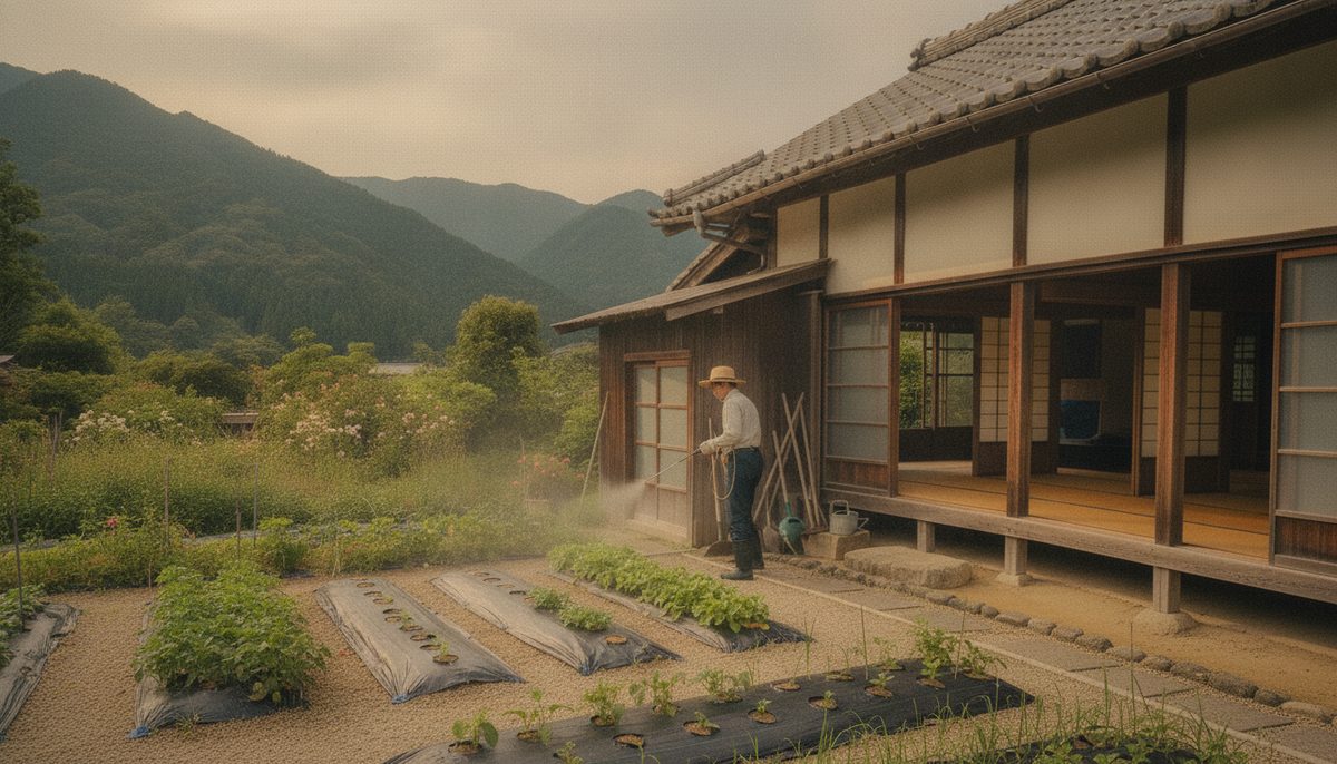 古民家の庭で植物に殺菌殺虫剤を散布する様子
