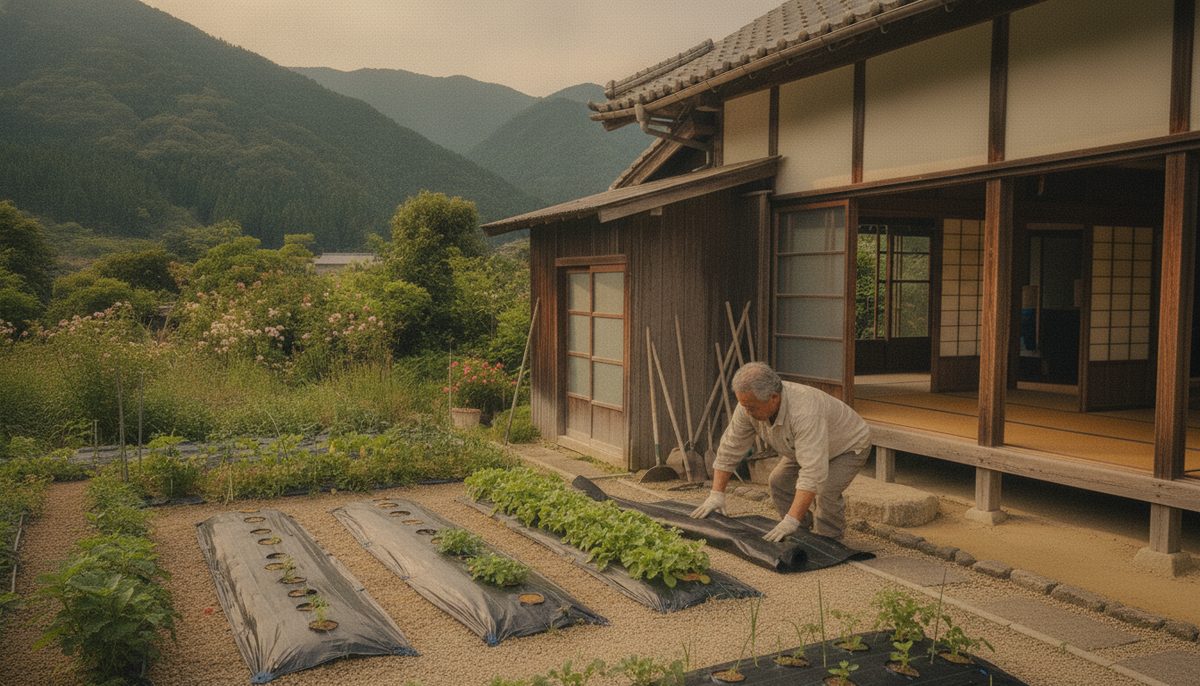 古民家の庭に防草シートを敷く作業