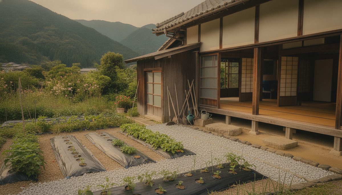 防草シートの上に砂利を敷いた仕上がりの庭の小道