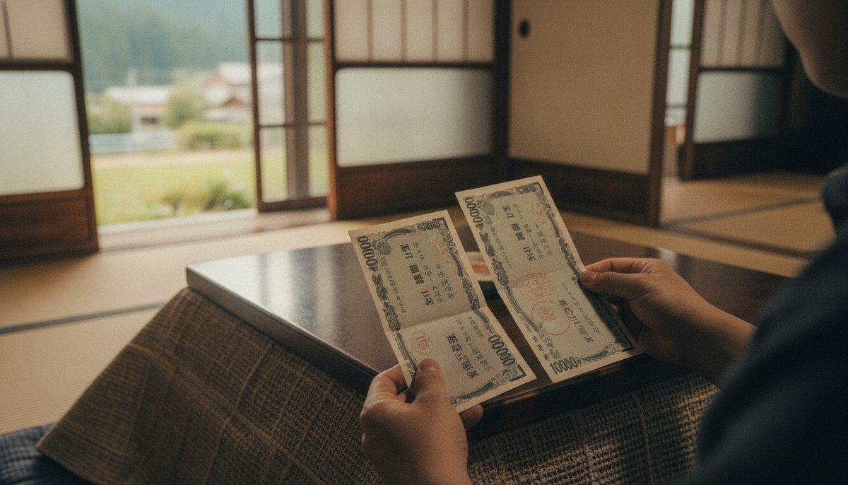 こたつでガス料金の請求書2枚を見比べる様子