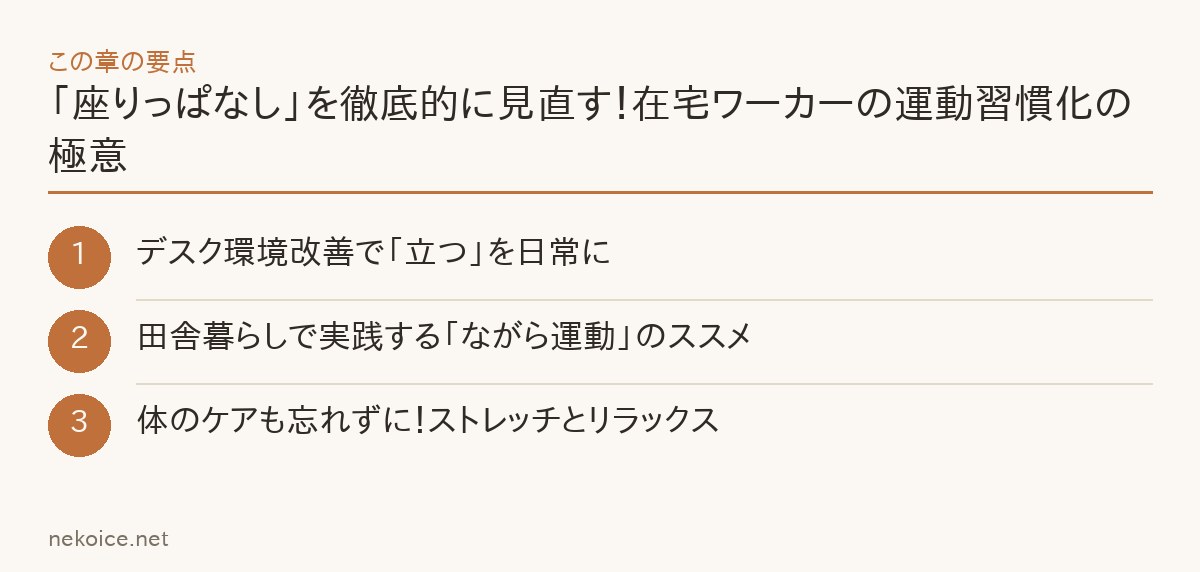 「座りっぱなし」を徹底的に見直す!在宅ワーカーの運動習慣化の極意の要点を整理した図