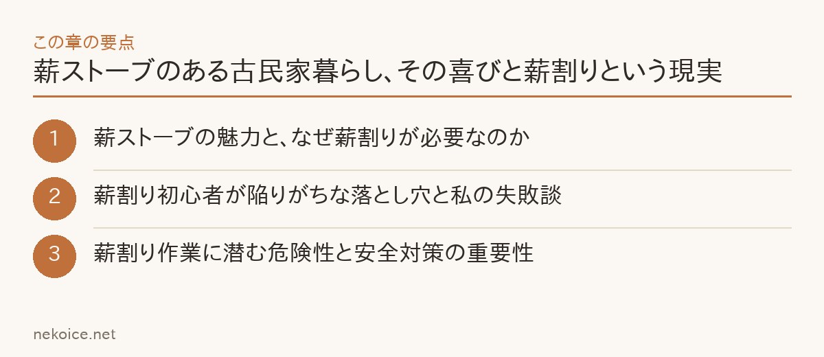 薪ストーブのある古民家暮らし、その喜びと薪割りという現実の要点を整理した図