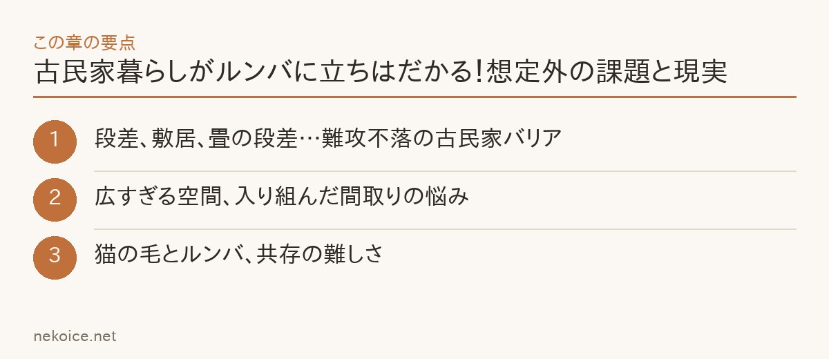 古民家暮らしがルンバに立ちはだかる！想定外の課題と現実の要点を整理した図