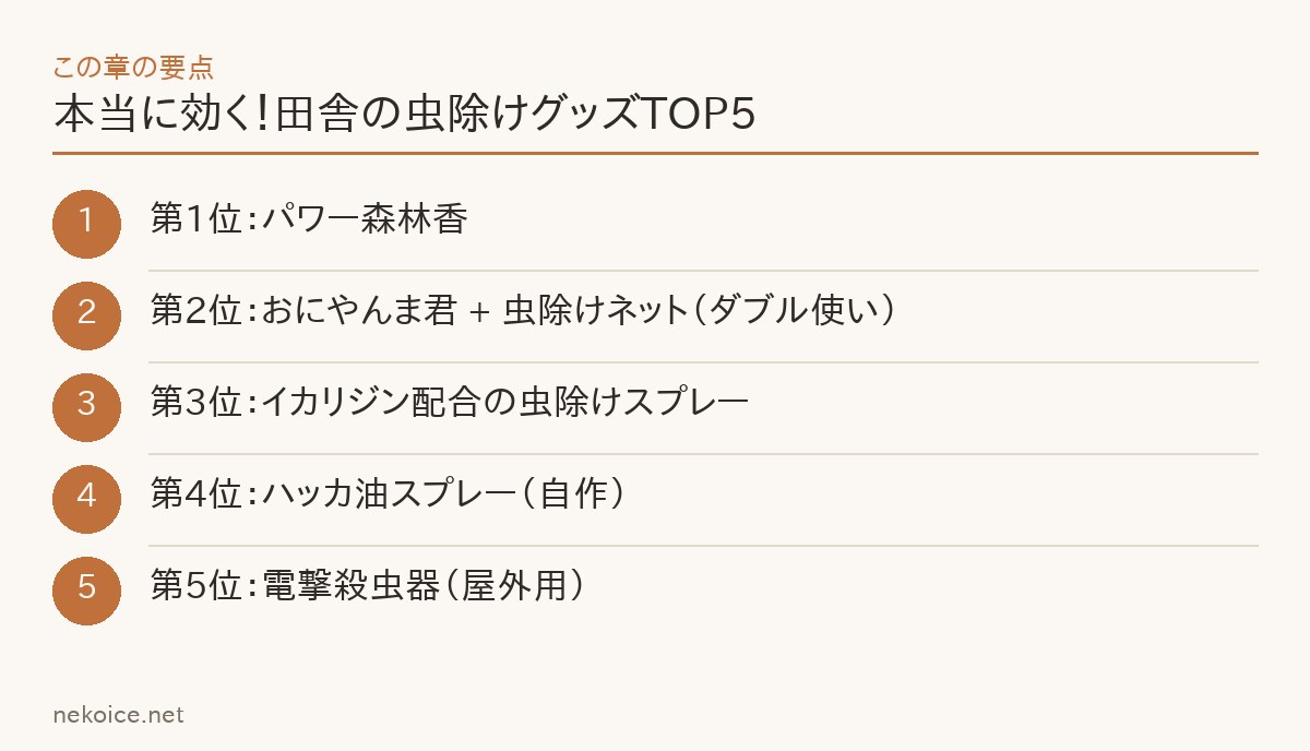 本当に効く！田舎の虫除けグッズTOP5の要点を整理した図