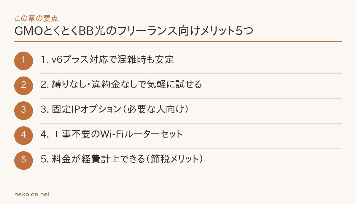 GMOとくとくBB光のフリーランス向けメリット5つの要点を整理した図