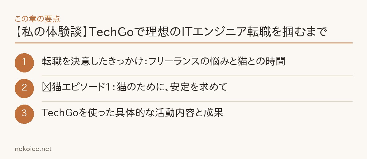 【私の体験談】TechGoで理想のITエンジニア転職を掴むまでの要点を整理した図