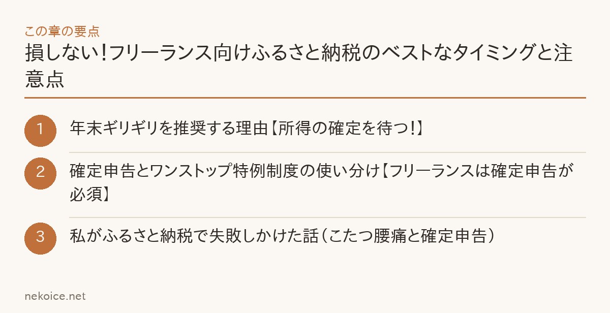 損しない！フリーランス向けふるさと納税のベストなタイミングと注意点の要点を整理した図