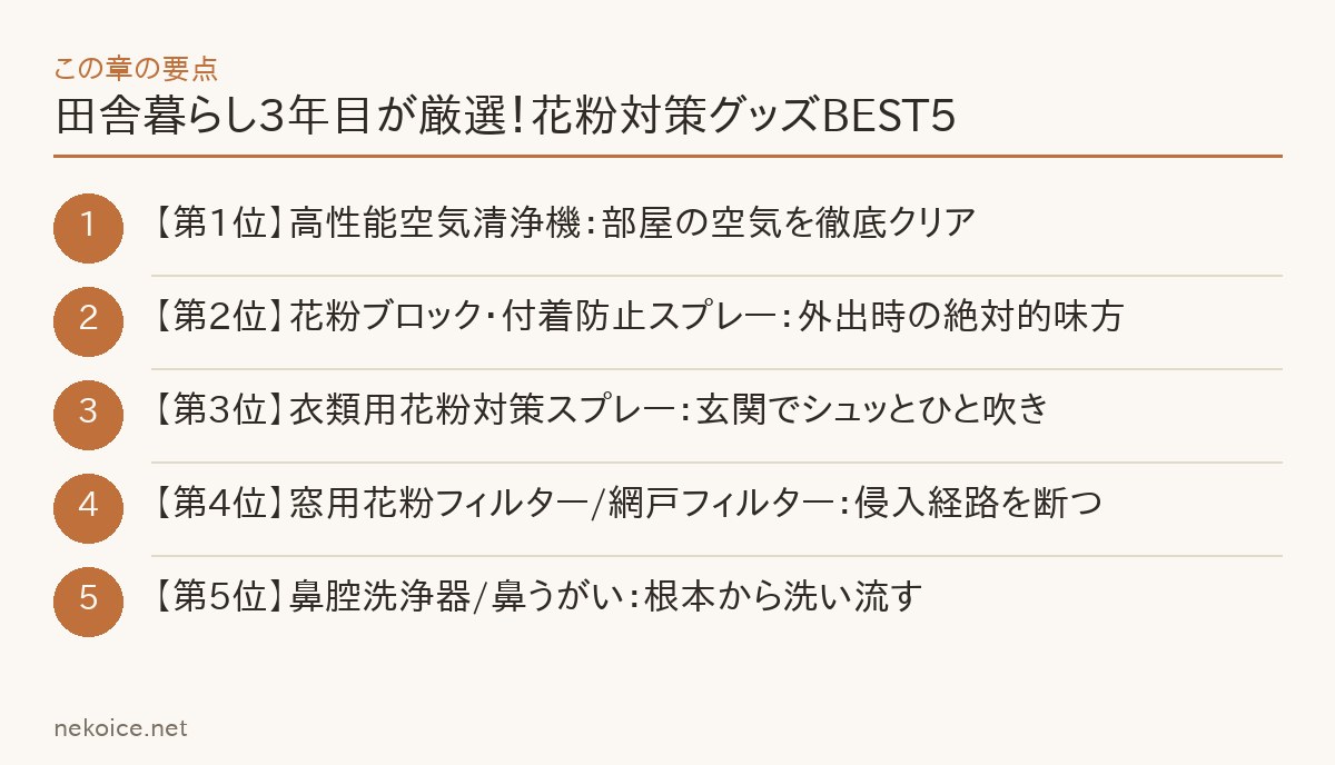 田舎暮らし3年目が厳選！花粉対策グッズBEST5の要点を整理した図