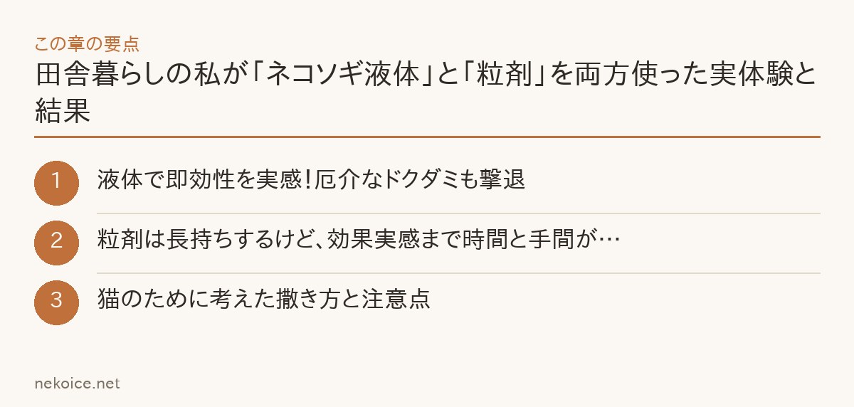 田舎暮らしの私が「ネコソギ液体」と「粒剤」を両方使った実体験と結果の要点を整理した図