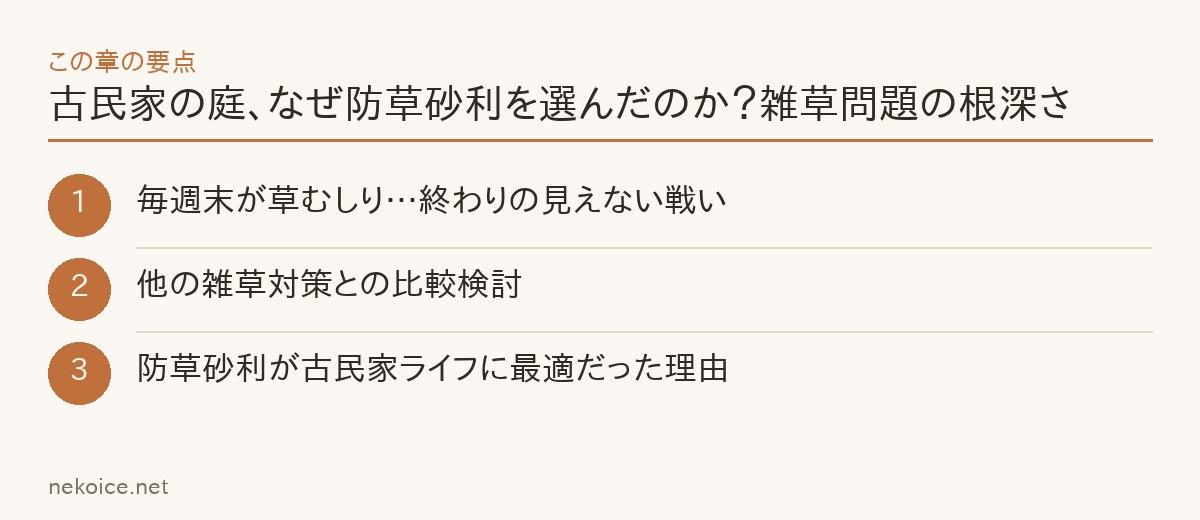 古民家の庭、なぜ防草砂利を選んだのか?雑草問題の根深さの要点を整理した図