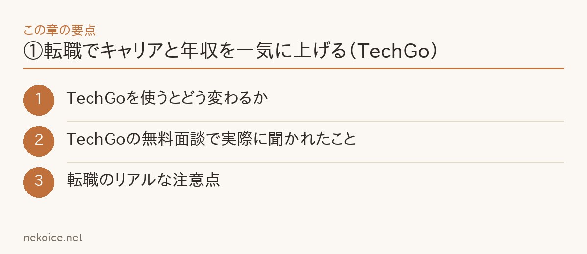 ①転職でキャリアと年収を一気に上げる（TechGo）の要点を整理した図