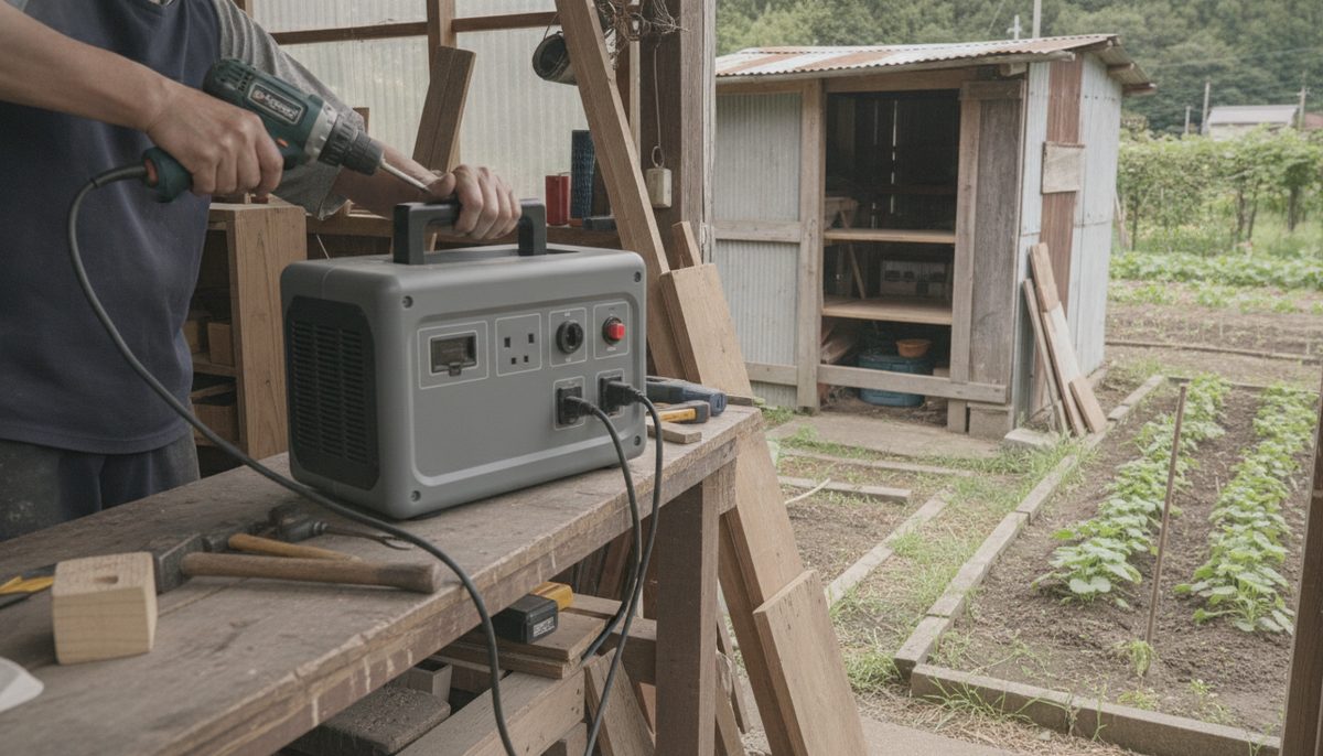 ポータブル電源の使用場面のイメージ（日常での出番が多い：庭先・ガレージ・畑の横の小屋のDIY）
