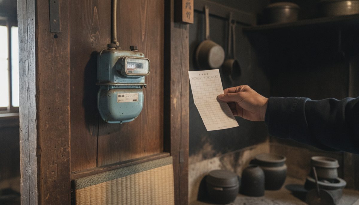 古民家の台所の壁に取り付けられたプロパンガスのメーターと、手に持った紙の検針票｜プロパンガスの平均使用量、二人暮らしは月6.5㎥が目安｜検針票で「使いすぎ」か「
