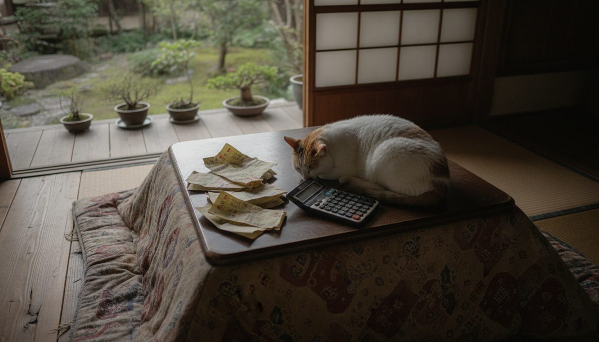 こたつの上に並べた数ヶ月分のガス検針票と電卓、そばで丸くなる猫｜プロパンガスの平均使用量、二人暮らしは月6.5㎥が目安｜検針票で「使いすぎ」か「