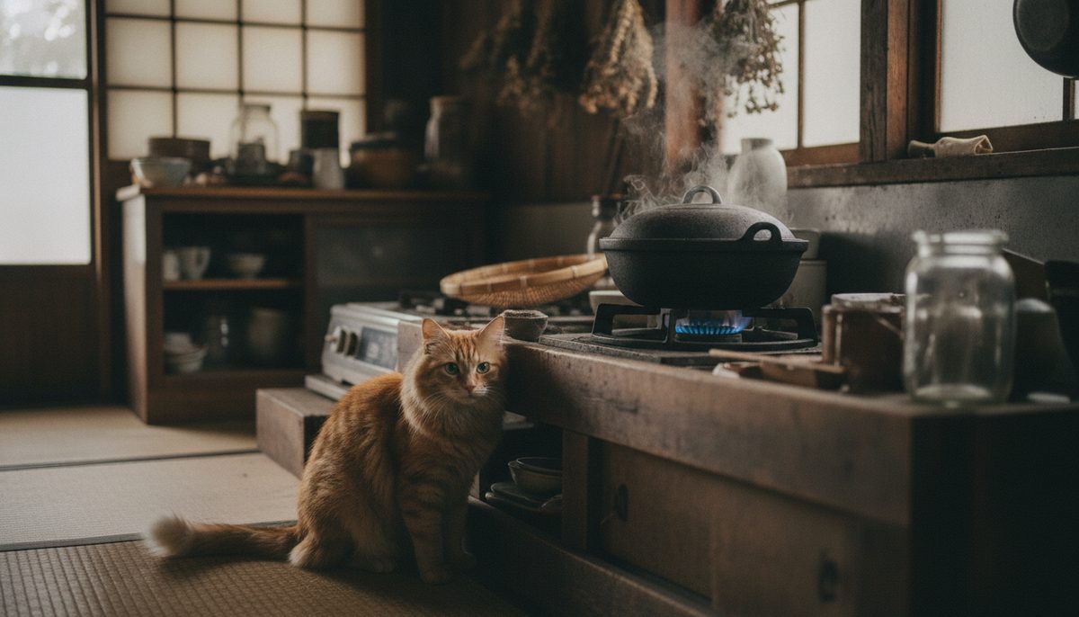 古民家の台所で湯気の立つ鍋にかかったガスコンロの青い炎と、足元に寄ってきた猫|都市ガスとプロパンガスで使用量(㎥)が違う理由|同じ暮らしでも数字が半分以下にな
