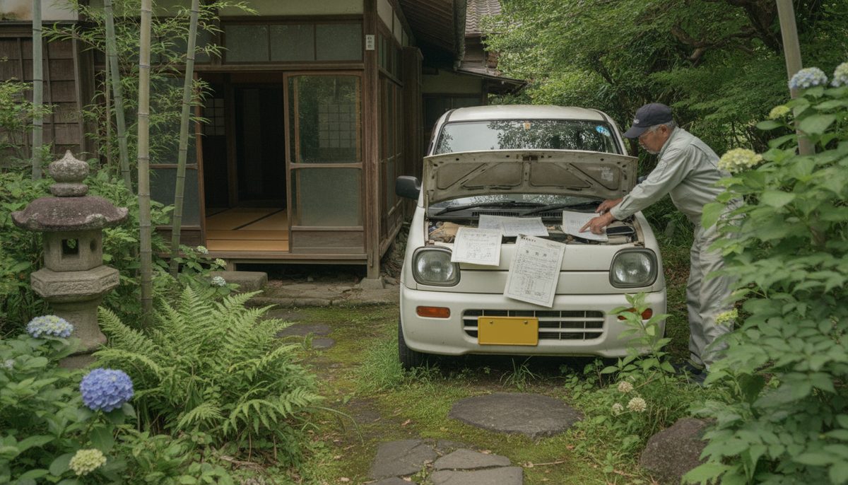 古民家の庭に停めた軽自動車と、ボンネットの上に広げた車検証・メモ用紙(乗り換え前に相場を調べている場面)|車の下取りと買取はどっちが得?|金額なら買取、足と手間なら下取り。両方の数字を出