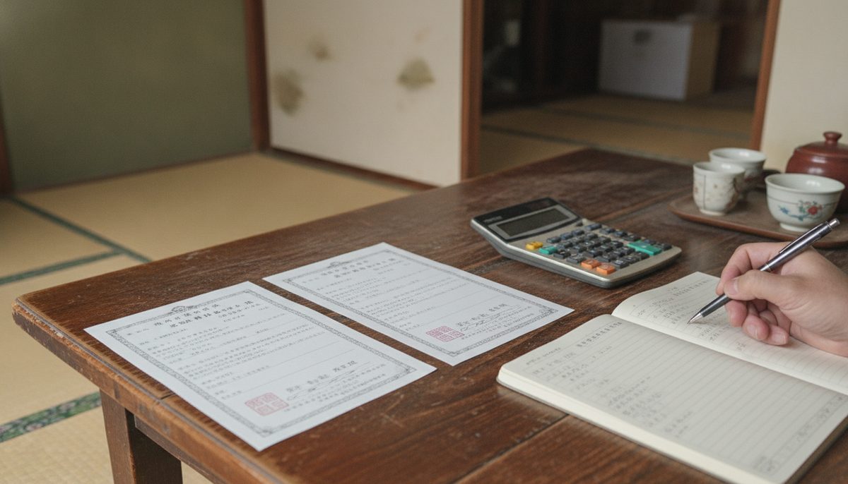 車検証・納税証明書・任意保険証券を並べたテーブルの上と、電卓で差額を計算しているノート|車の下取りと買取はどっちが得?|金額なら買取、足と手間なら下取り。両方の数字を出