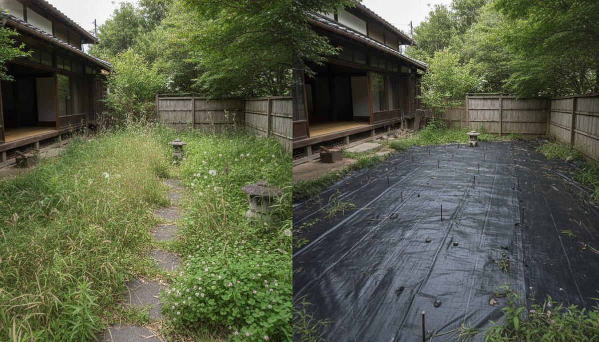 防草シートを敷く前の裏庭(雑草が伸びた状態)と、敷いた後の同じ場所を並べた比較|イキテクス 防草シート(130g/m2)レビュー|古民家の裏庭に敷いて分かった効