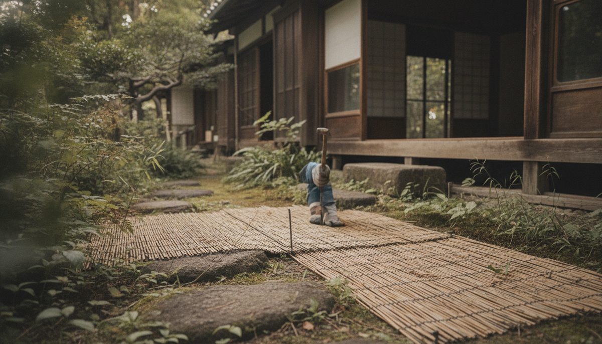 固定ピンを打ち込む手元と、継ぎ目を重ねて敷いている最中の作業風景|イキテクス 防草シート(130g/m2)レビュー|古民家の裏庭に敷いて分かった効