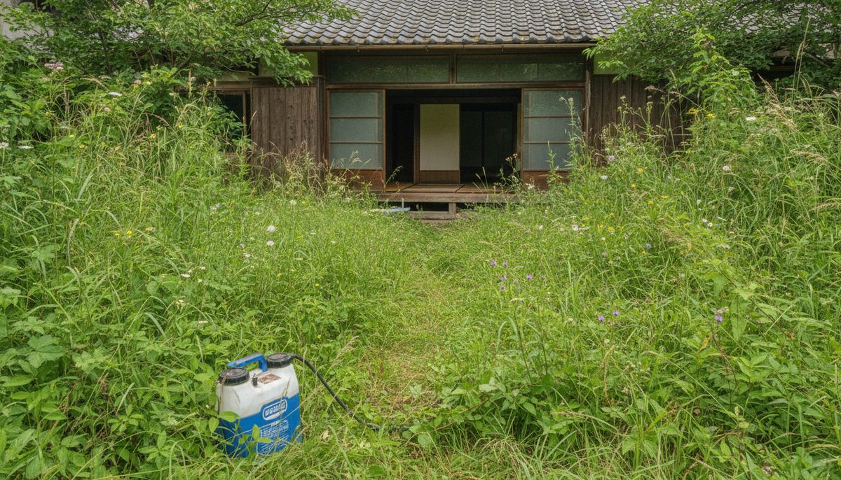 夏の古民家の裏庭。腰の高さまで伸びた雑草と、その奥に見える母屋。手前に電動噴霧器が置かれている｜除草剤で最強はどれ？成分で選ぶ基準と、液体＋粒剤の二段構え【古民家3年目】